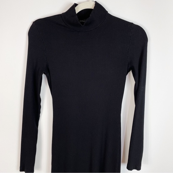 Black Ribbed Mock Neck Bodycon Long Sleeve Midi Dress Front Slit - Dynamite - Picture 3 of 7